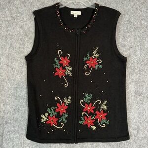Vtg Christmas Sweater Vest Womens Large Floral‎ Embroidered Cottagecore Knit Zip
